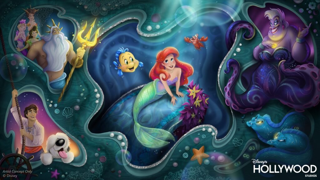 An artistic concept illustration featuring characters from Disney's The Little Mermaid, including Ariel, King Triton, Sebastian, and Ursula, set against an underwater background with sea elements.