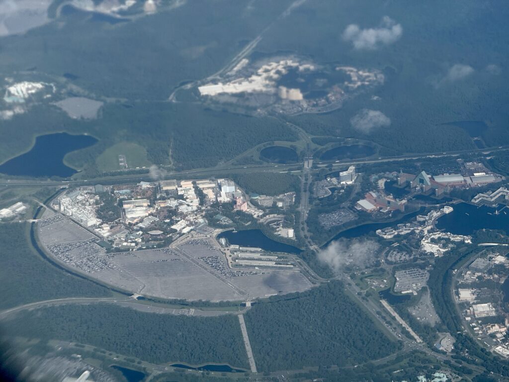 Photo from 10,000 feet above Disney's Hollywood Studios with an empty Cast Member parking lot.