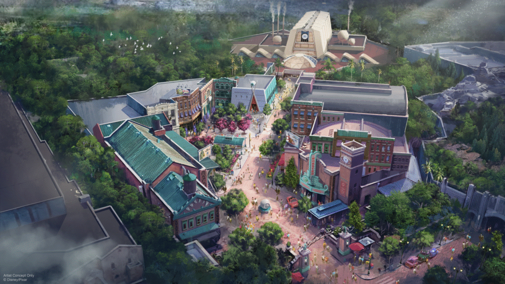 Photo of old Monsters Inc Land concept art featuring the door coaster, shops, new resturants,  and The Monstro Theatre.
